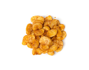 Roasted broad beans snack isolated, fried vicia faba, spicy legume, crispy big beans chips for salads