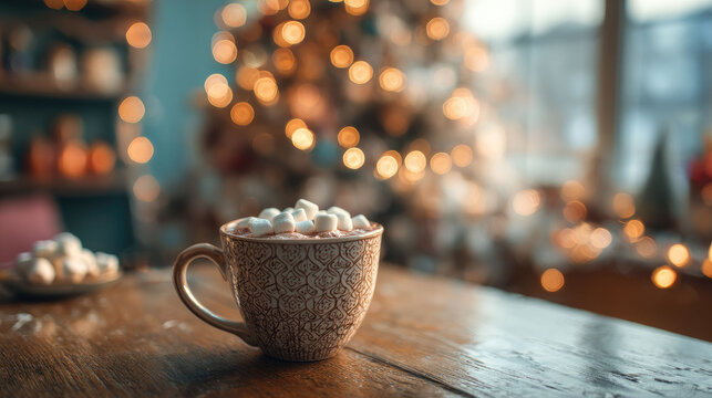 Cozy Christmas morning with a cup of hot cocoa topped with marshmallows on a wooden table and warm tree bokeh