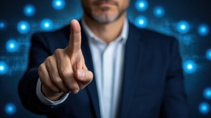 Businessman pointing at digital network interface with confident gesture
