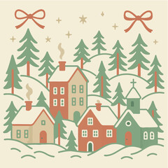 Retro Winter Village Christmas Illustration, Cozy Snowy Holiday Town Scene