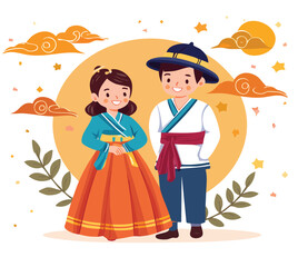 Celebrate Chuseok with joy and tradition: A delightful illustration of children dressed in vibrant Hanbok amidst a festive moonlit sky, perfect for cultural events