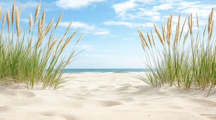 Golden dune grass sand beach blue sky ocean horizon coastal scene seagrass sandy pathway summer