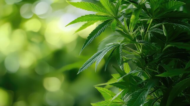 Close-Up of Vibrant Green Cannabis Leaves in Natural Light with Soft Bokeh Background - Powered by Adobe