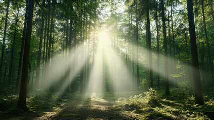 Sunlight forest rays peaceful misty woodland trail