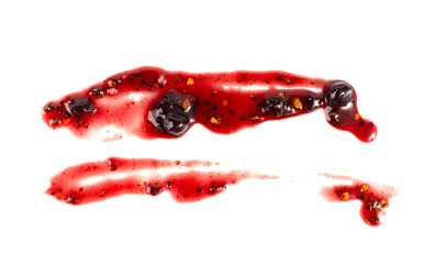 Black currant jam with chili isolated, blueberry chilli pepper marmalade smear, spicy fruit confiture