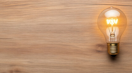 Warm glowing light bulb on wooden table evoking creative idea and clarity