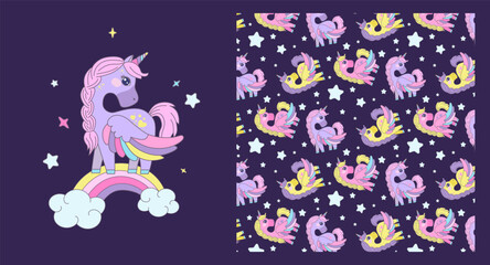 Magical Unicorn on Rainbow and Starry Pattern Vector