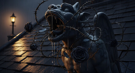 Dark Gargoyle Statue with Thorns and Dripping Water on Rainy Rooftop at Night