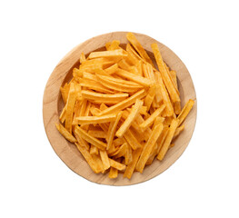 Fried chips sticks isolated, finger potato chips, golden shoestring fries pile, French fries