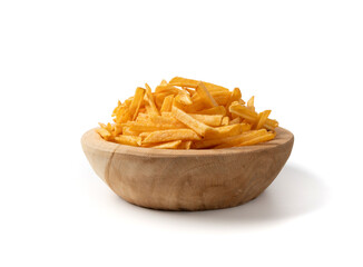 Fried chips sticks isolated, finger potato chips, golden shoestring fries pile, French fries
