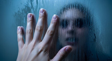 Terrified Woman Trapped Behind Steamy Glass Hand Pressed Against Surface Horror Concept