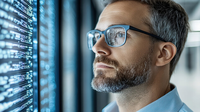 IT professional monitoring server status with focused expression in data center