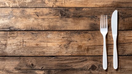 Simple White Fork and Knife on Rustic Wooden Table Background for Dining or Culinary Concepts