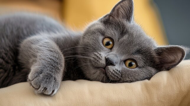 Cute gray cat relaxing on a soft couch with a curious expression and stunning golden eyes in natural light - Powered by Adobe