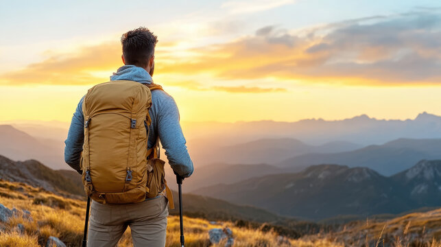 Hiker with backpack watching mountain sunrise feeling peaceful - Powered by Adobe