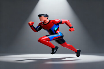 A dynamic 3D runner in a futuristic red and blue suit is dramatically illuminated by a spotlight against a simple gray background.