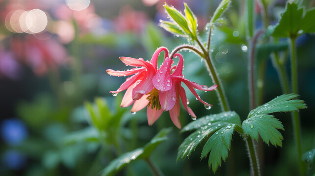 Close-up of a vibrant pink columbine flower with glistening water droplets on its petals and leaves, bathed in soft morning light.