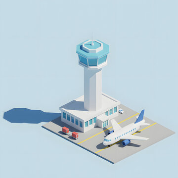 Low poly airport control tower and airplane isometric concept vector illustration on blue background