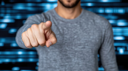 Man pointing finger toward camera with cyber data lights backdrop, assertive mood