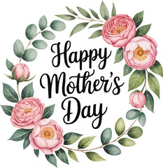 Delicate floral wreath for Mother's Day celebration with pink peonies and greenery, perfect for cards and invitations with a loving springtime feel