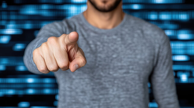 Man pointing finger toward camera with cyber data lights backdrop, assertive mood