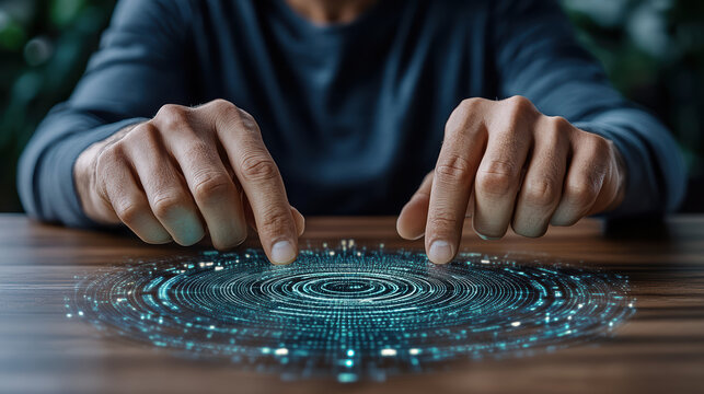 Futuristic touchscreen interface, digital data visualization, holographic circle, cyber network