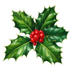 Close-up of holly leaves with red berries on a white background.