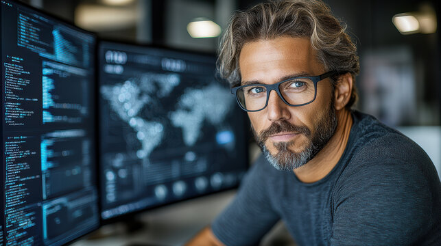 Man wearing glasses in front of multiple monitors displaying world map and code, focused and calm - Powered by Adobe