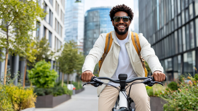 Smiling commuter cycling through urban business district with backpack and sunglasses
