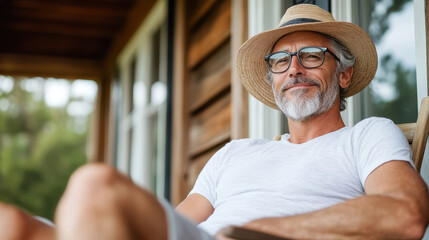 Smiling man on porch wearing straw hat and glasses relaxed