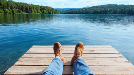 Man sitting on wooden pier with legs dangling above calm lake and peaceful forest view