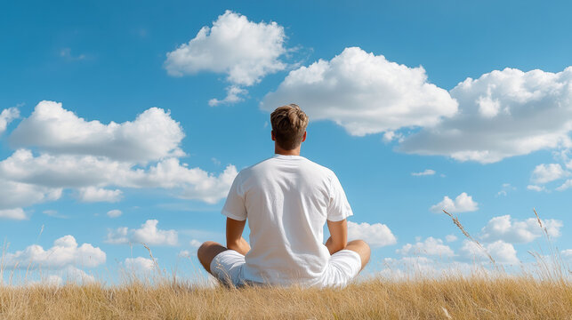 Young man sitting on grassy hill watching clouds drift, peaceful and contemplative