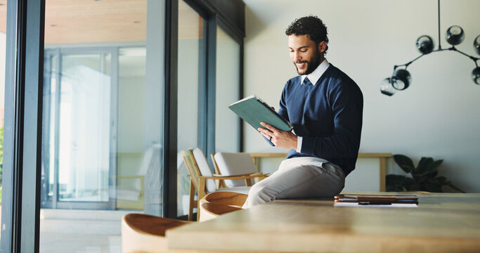 Tablet, business and man in office, smile and real estate agency with positive review. Person, property development and employee with email, digital app or connection with internet and online listing