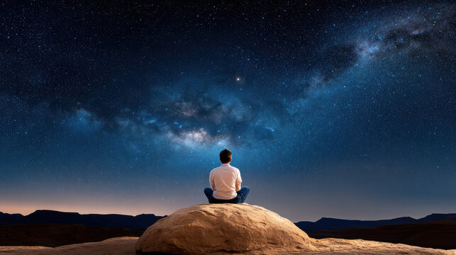Man sitting rock stargazing peaceful night sky contemplative