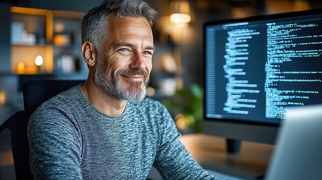 Smiling programmer man mature developer coding at computer home office lighting