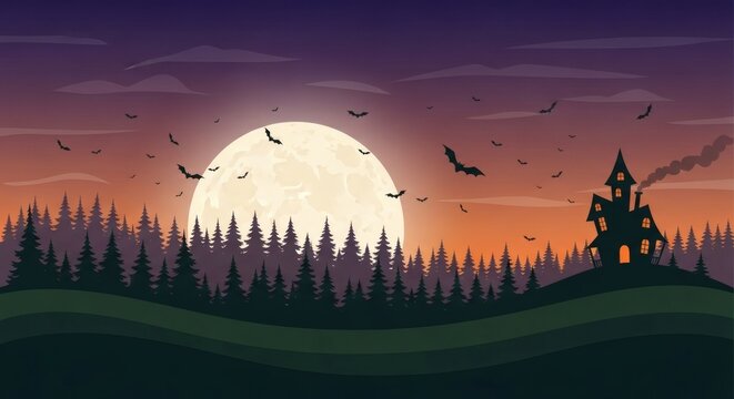 Spooky Halloween night scene with a haunted house silhouette, full moon, and flying bats over a forest.