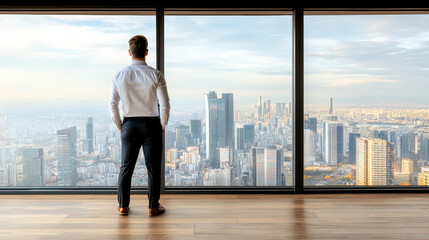 Man business attire standing by floor to ceiling window overlooking modern city skyline sunrise