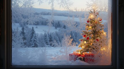 Christmas tree by window with snowy winter landscape outside