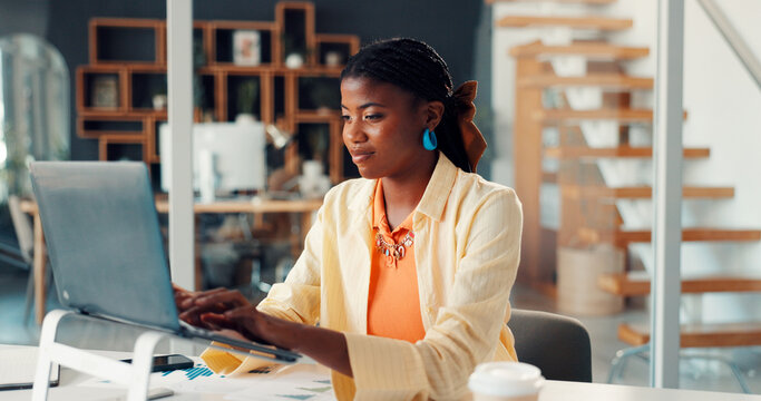 Business, woman and typing on laptop in office for campaign proposal, KPI data or market research. Marketing manager, black person or SEO graphs for financial oversight, brand management or budgeting