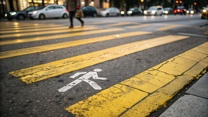  pedestrian crossing street A pedestrian crossing marked with broad yellow stripes on asphalt featuring a figure symbol low angle close up shot bokeh