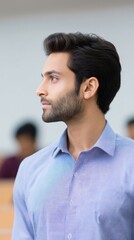 Fototapeta premium Indian prof lecture inspiring university student interaction in classroom teaching and research with instructor, indian, multiracial