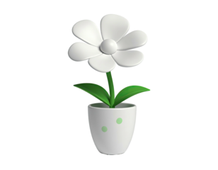 Stylized white daisy in a pot, with green leaves