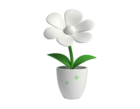 Stylized white daisy in a pot, with green leaves