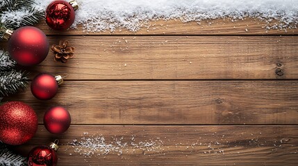 A Christmas background with classic red baubles resting on a snowy wooden surface, copy space above 