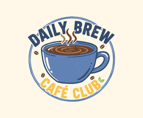 Retro Coffee Club Badge Design.Vintage Steaming Mug Logo.Cafe Daily Brew Emblem.Hand Drawn Hot Drink Label.Morning Coffee Cup Vector