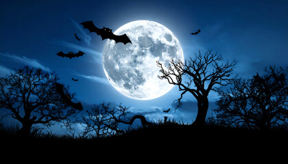 Spooky Halloween Night Scene with Full Moon, Bats, and Silhouetted Trees