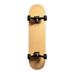 Unadorned wood skateboard, new, studio lit, centered, overhead