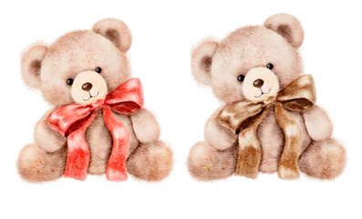 Hand painted watercolor teddy bear with red and brown ribbon bow. Cute soft toy illustration perfect for baby shower cards, children prints, nursery posters, fabric patterns, and holiday gift design