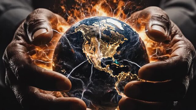 Powerful Hands Holding Fragile Earth Globe Surrounded by Energetic Fiery Electrical Sparks