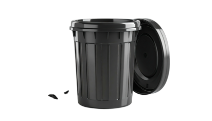Black plastic trash bin with lid slightly open on black